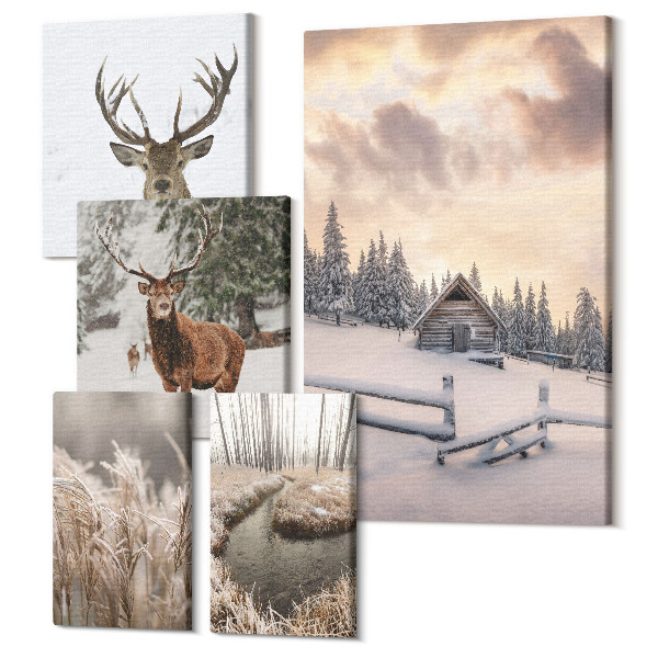 Tablouri canvas set 5 piese Peisaje de iarna cu cerbi si o cabana idilica in padure