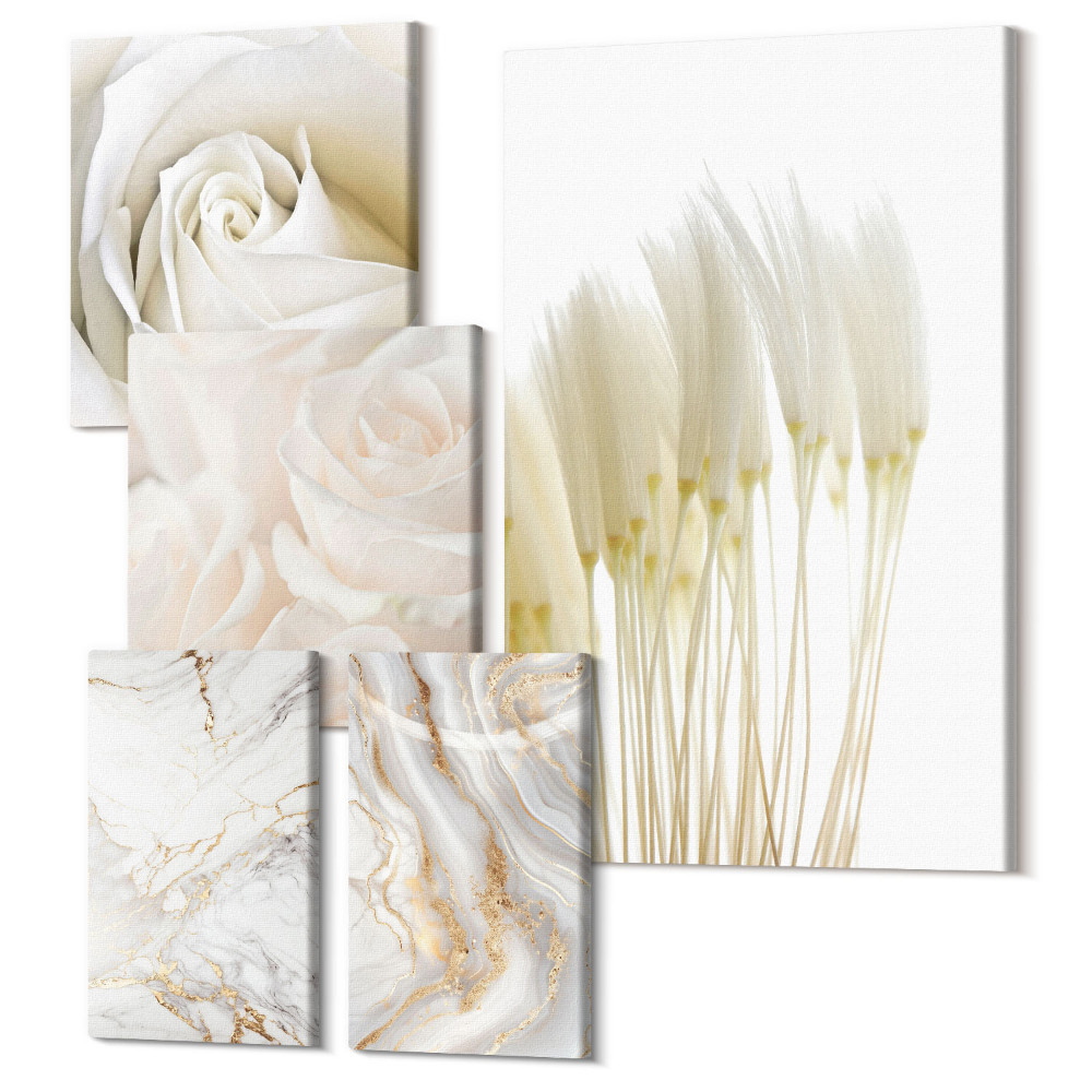 Tablou din 5 piese Trandafiri albi eleganti si accente decorative din marmura