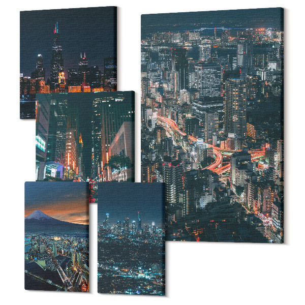 Set tablouri 5 piese Vederi nocturne ale orașelor moderne și ale arhitecturii lor