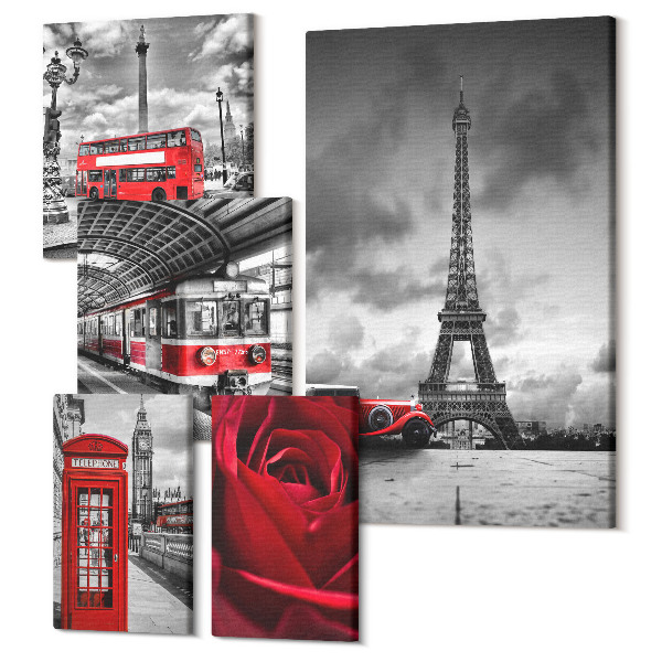 Tablouri canvas set 5 piese Icoane arhitecturale europene și vehicule clasice