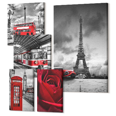 Tablouri canvas set 5 piese Icoane arhitecturale europene și vehicule clasice