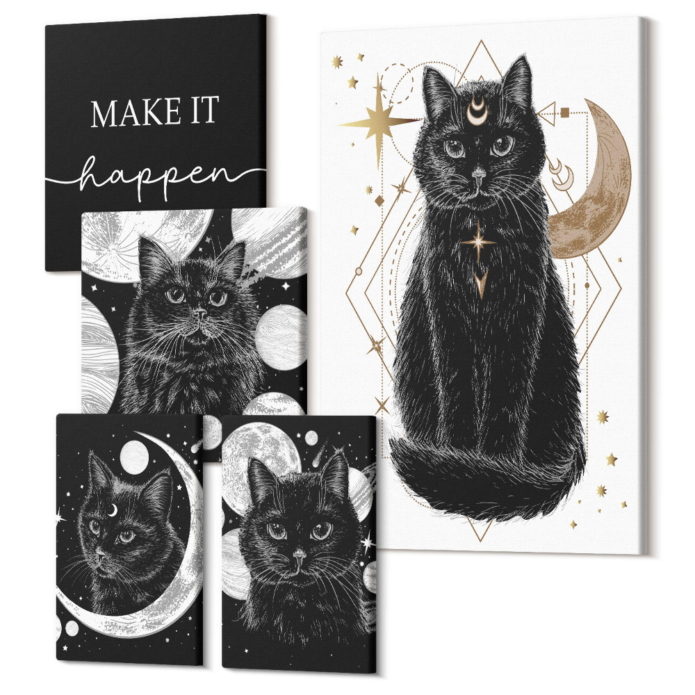 Tablou din 5 piese Pisici boho negre cu motive spațiale