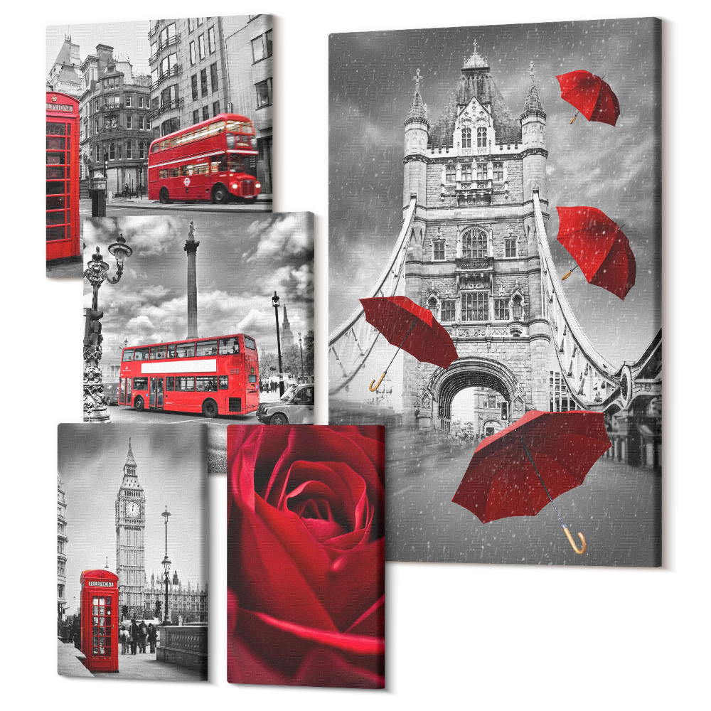 Tablouri canvas set 5 piese Motive londoneze cu accente și detalii roșii