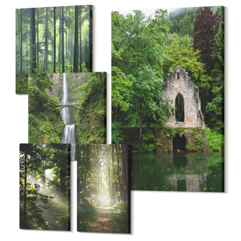 Tablouri canvas set 5 piese Păduri verzi și cascade într-un cadru natural
