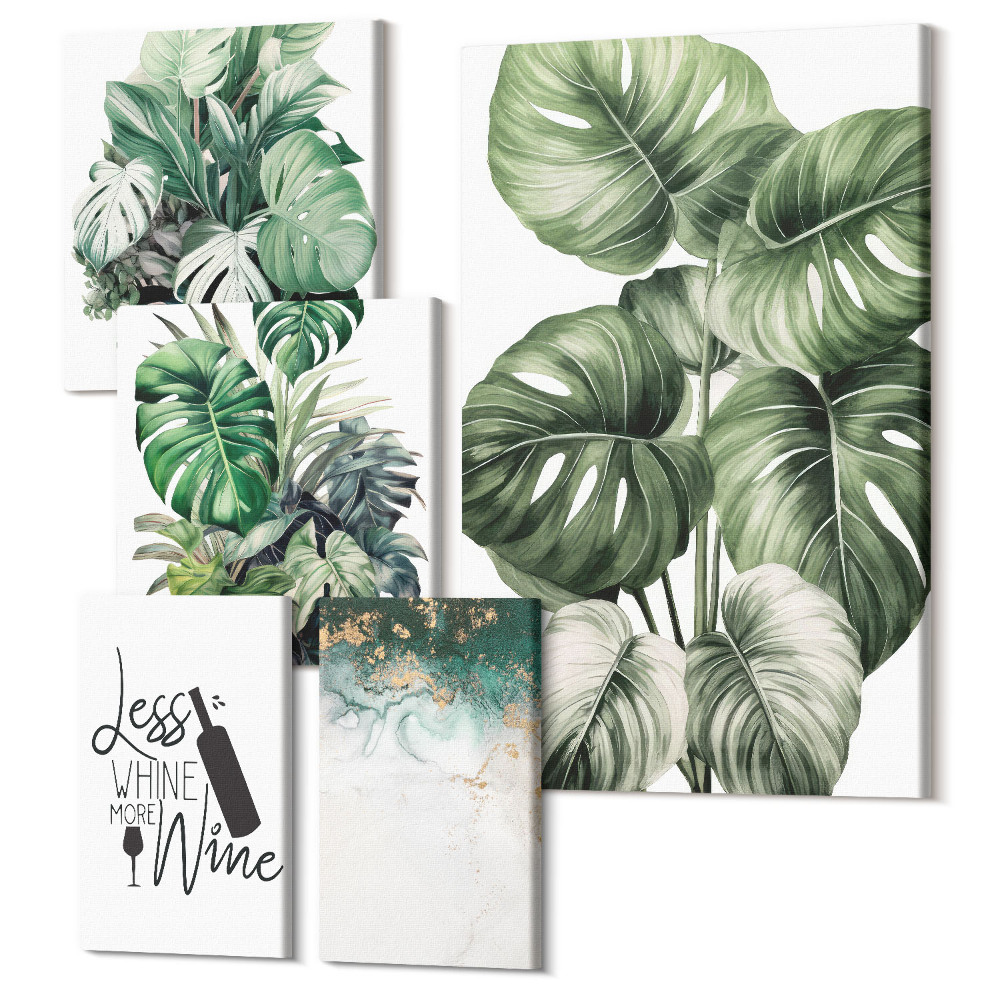 Set tablouri 5 piese Motive vegetale cu citate și accente abstracte