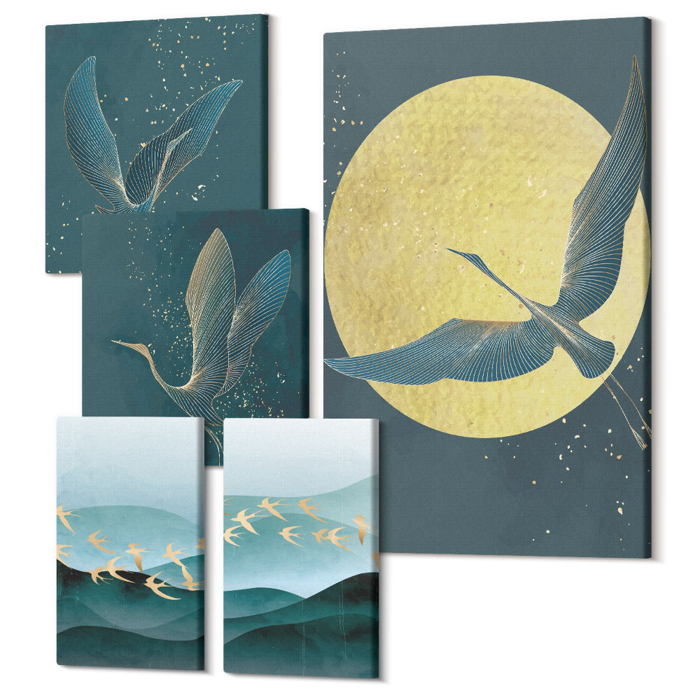 Tablouri canvas set 5 piese Peisaje cu păsări pe cerul nopții cu luna