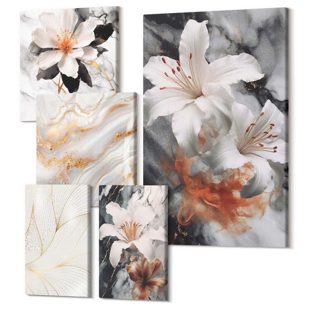Set tablouri 5 piese Motive florale pe fond de marmură într-un stil elegant