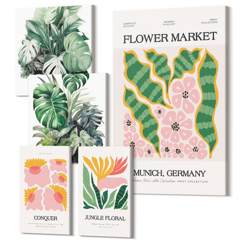 Tablouri canvas set 5 piese Motive vegetale și accente florale în stil boho