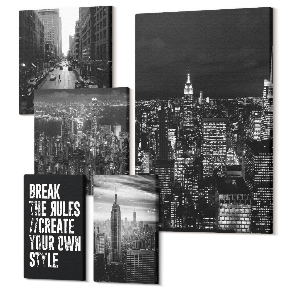 Set tablouri 5 piese Vederi din New York în alb și negru, cu sloganuri inspiratoare