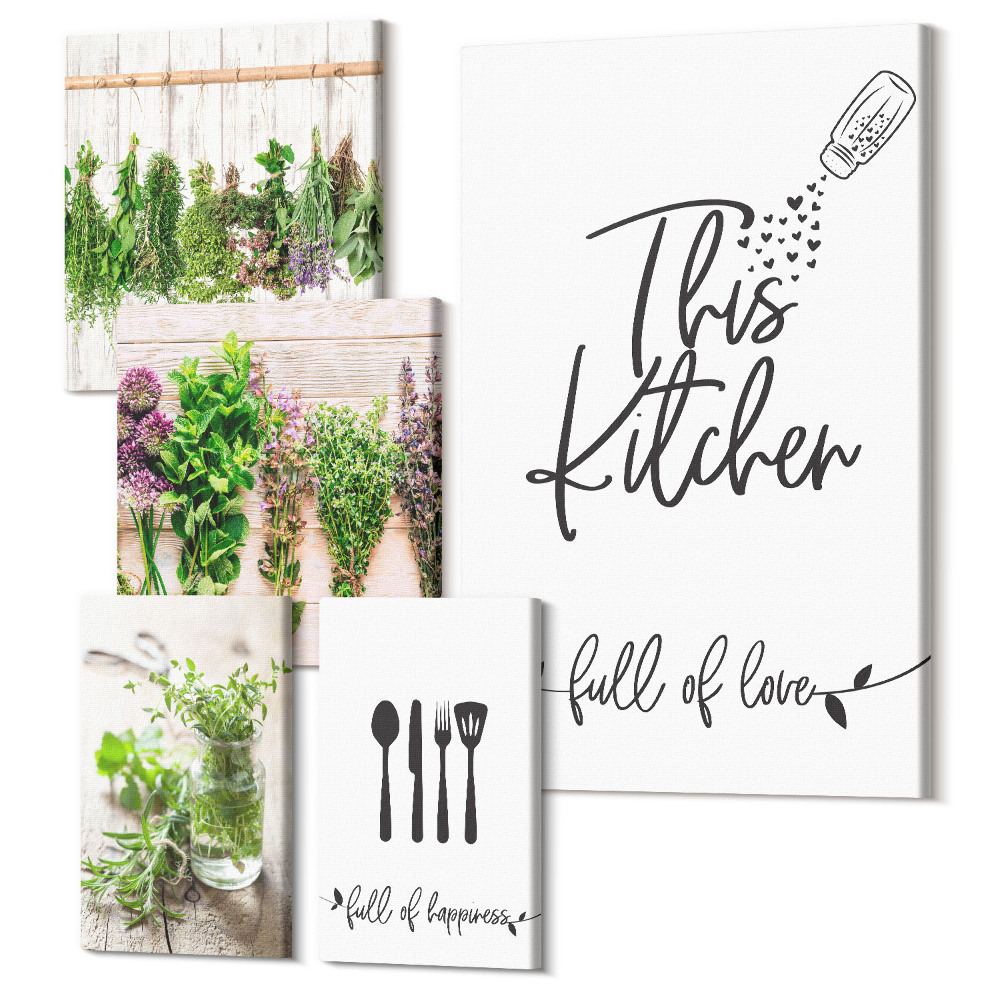 Tablou din 5 piese Inspirații pentru bucătărie în stil rustic pe bază de plante