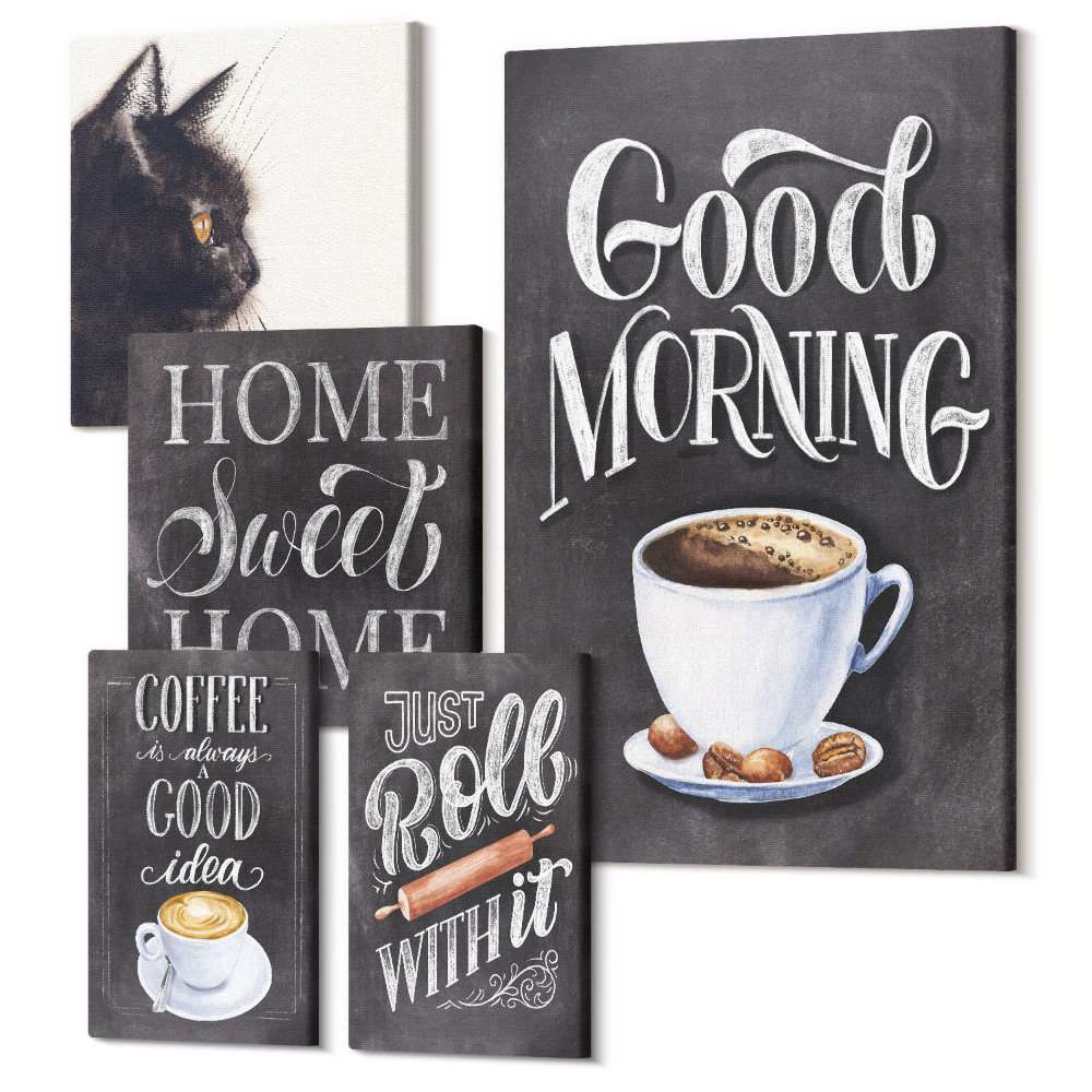 Set tablouri 5 piese Inspirații de cafea cu o pisică și sloganuri pozitive