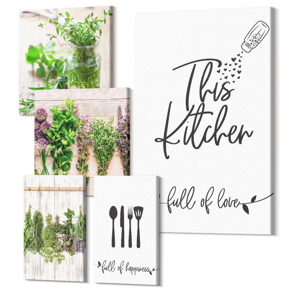 Tablouri canvas set 5 piese Inspirație pentru bucătărie cu ierburi și dragoste pentru gătit