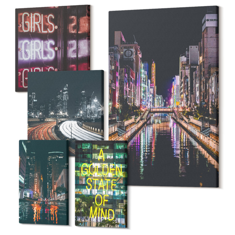 Set tablouri 5 piese Un oraș modern pe timp de noapte cu lumini de neon și reflexii în apă