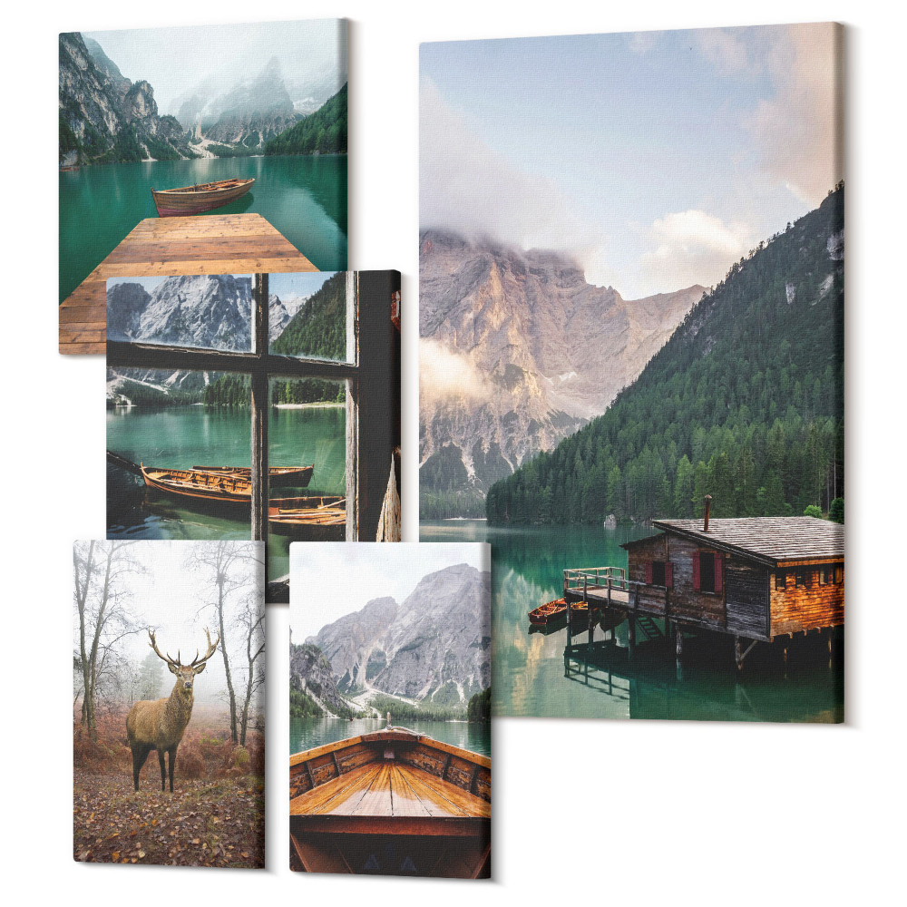 Tablouri canvas set 5 piese Peisaje montane cu lacuri și animale sălbatice