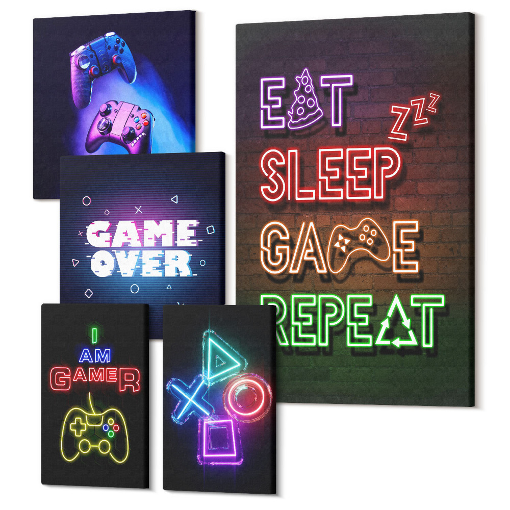 Tablou din 5 piese Teme de jocuri pe computer neon pentru jucătorii hardcore