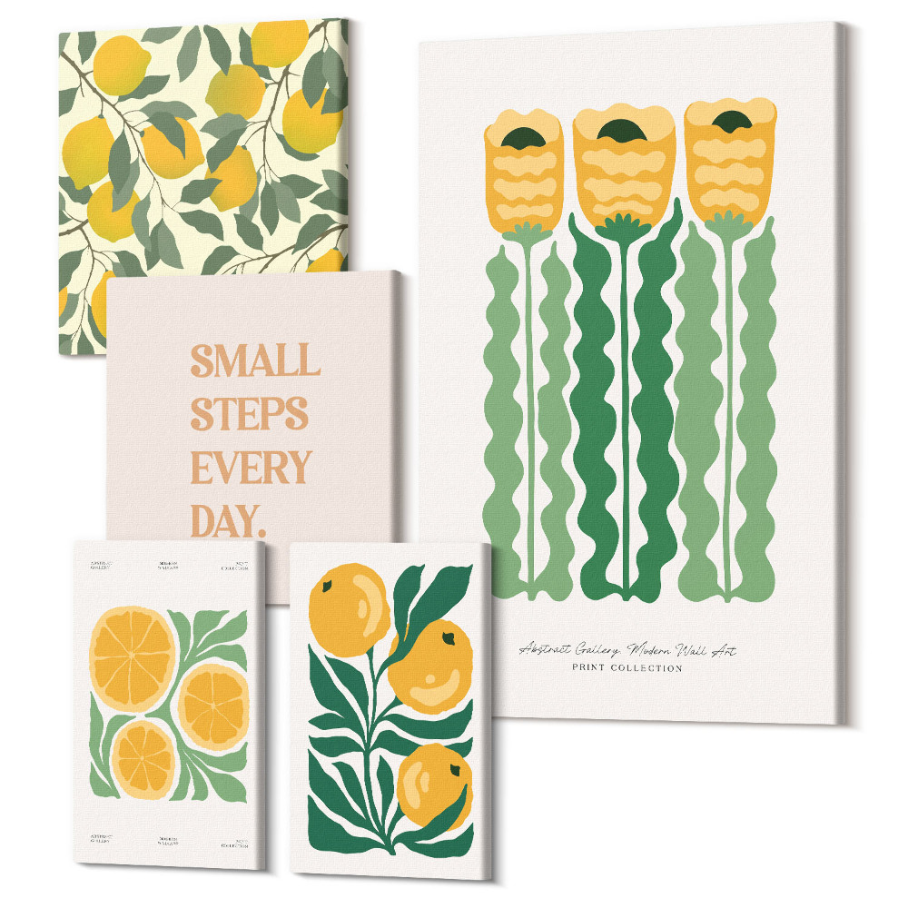 Tablouri canvas set 5 piese Accente florale cu motive de citrice și sloganuri pozitive