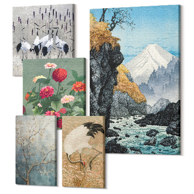 Set tablouri 5 piese Peisaje naturale în stil japonez, cu flori și păsări