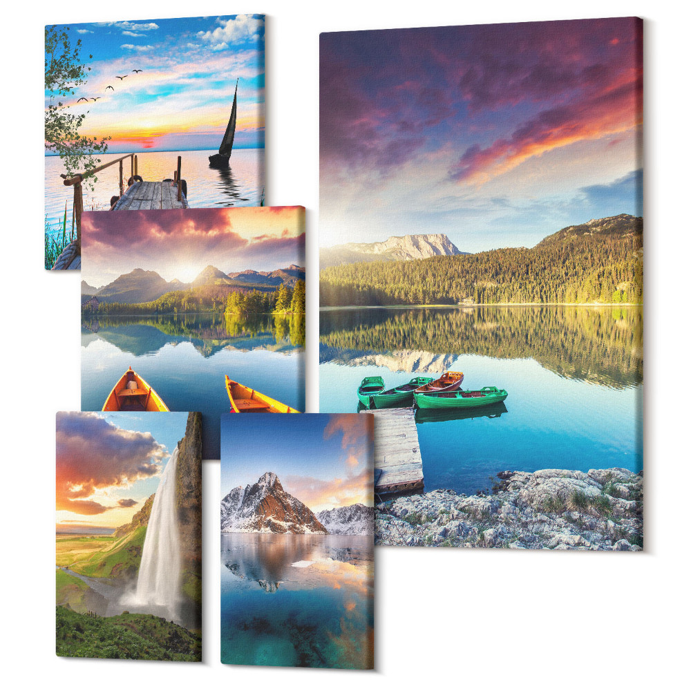 Tablou din 5 piese Peisaje naturale cu cascade și lacuri de munte