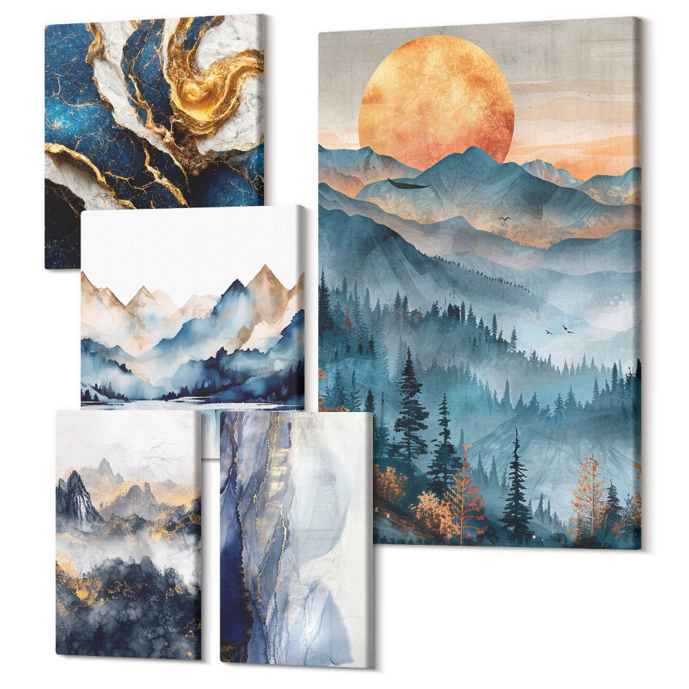 Tablouri canvas set 5 piese Peisaje montane cu apus și abstractie