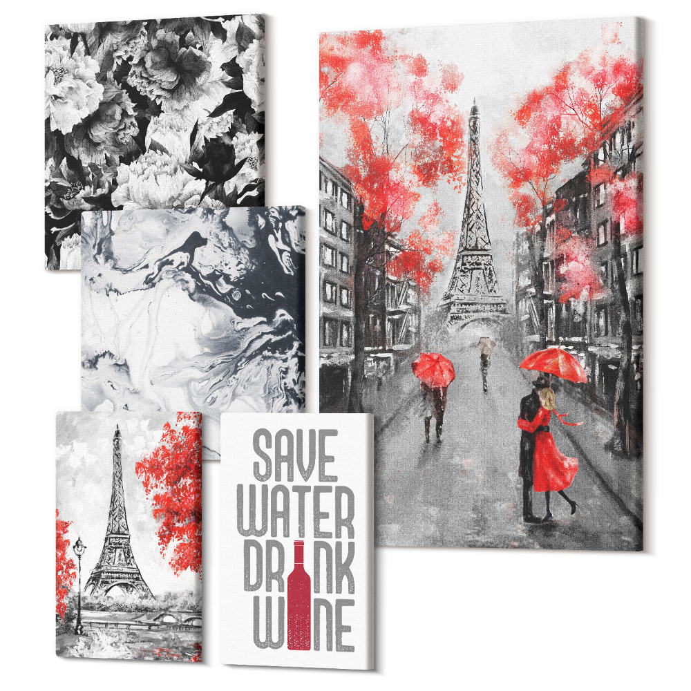 Set tablouri 5 piese Vederi pariziene cu flori și modele abstracte
