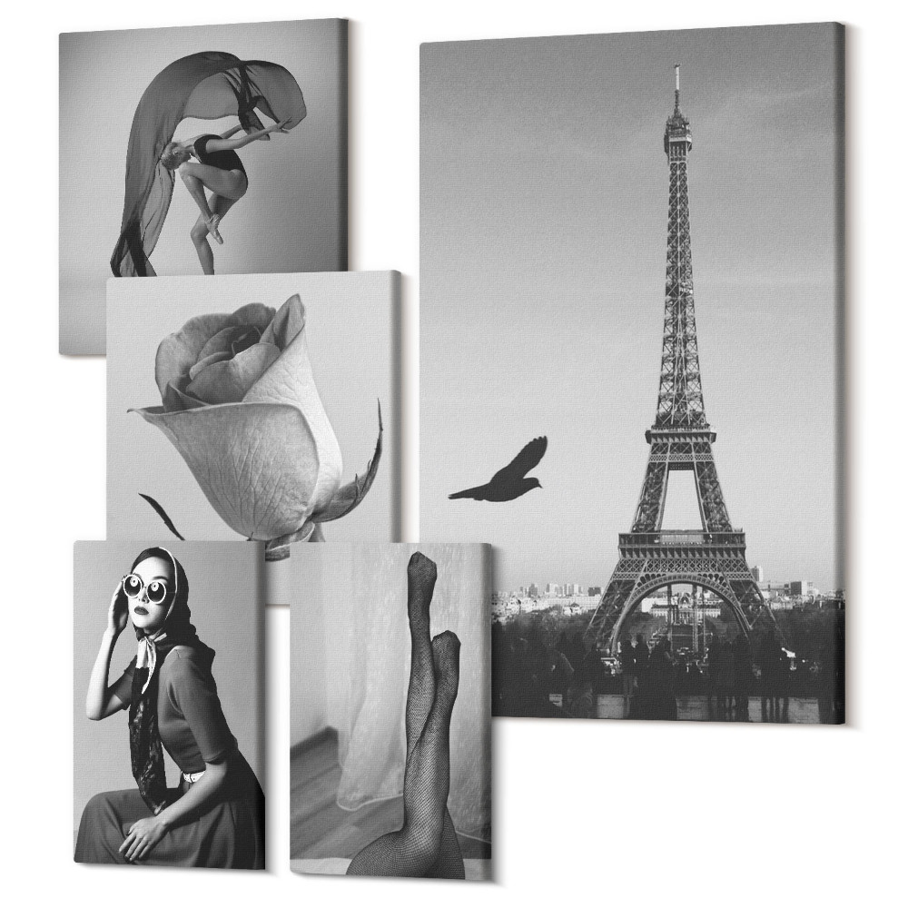 Tablou din 5 piese Fotografii elegante alb-negru din Paris și eleganța femeilor