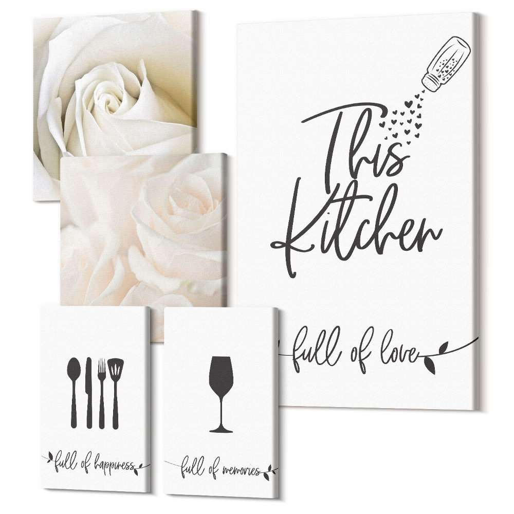 Tablou din 5 piese Decor elegant pentru bucătărie cu motive vegetale și inscripții