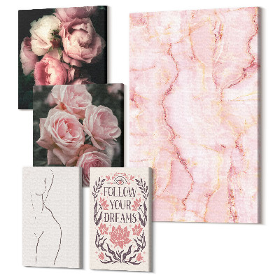 Tablouri canvas set 5 piese Flori roz și forme minimaliste în stil boho