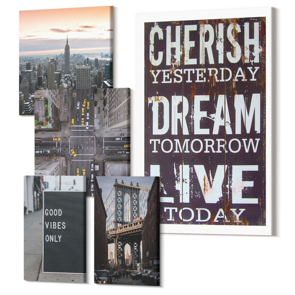 Tablouri canvas set 5 piese Sloganuri inspiratoare și vederi ale peisajelor urbane