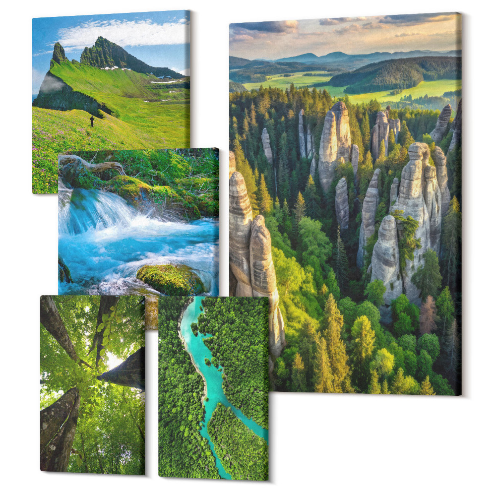 Tablouri canvas set 5 piese Peisaje naturale de munți, râuri, păduri și cascade