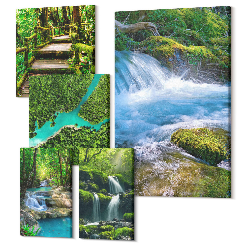 Tablou din 5 piese Oaze verzi de pace, cascade și pâraie în pădure