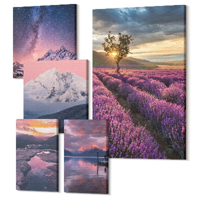 Tablou din 5 piese Peisaje naturale cu câmpuri de lavandă și munți