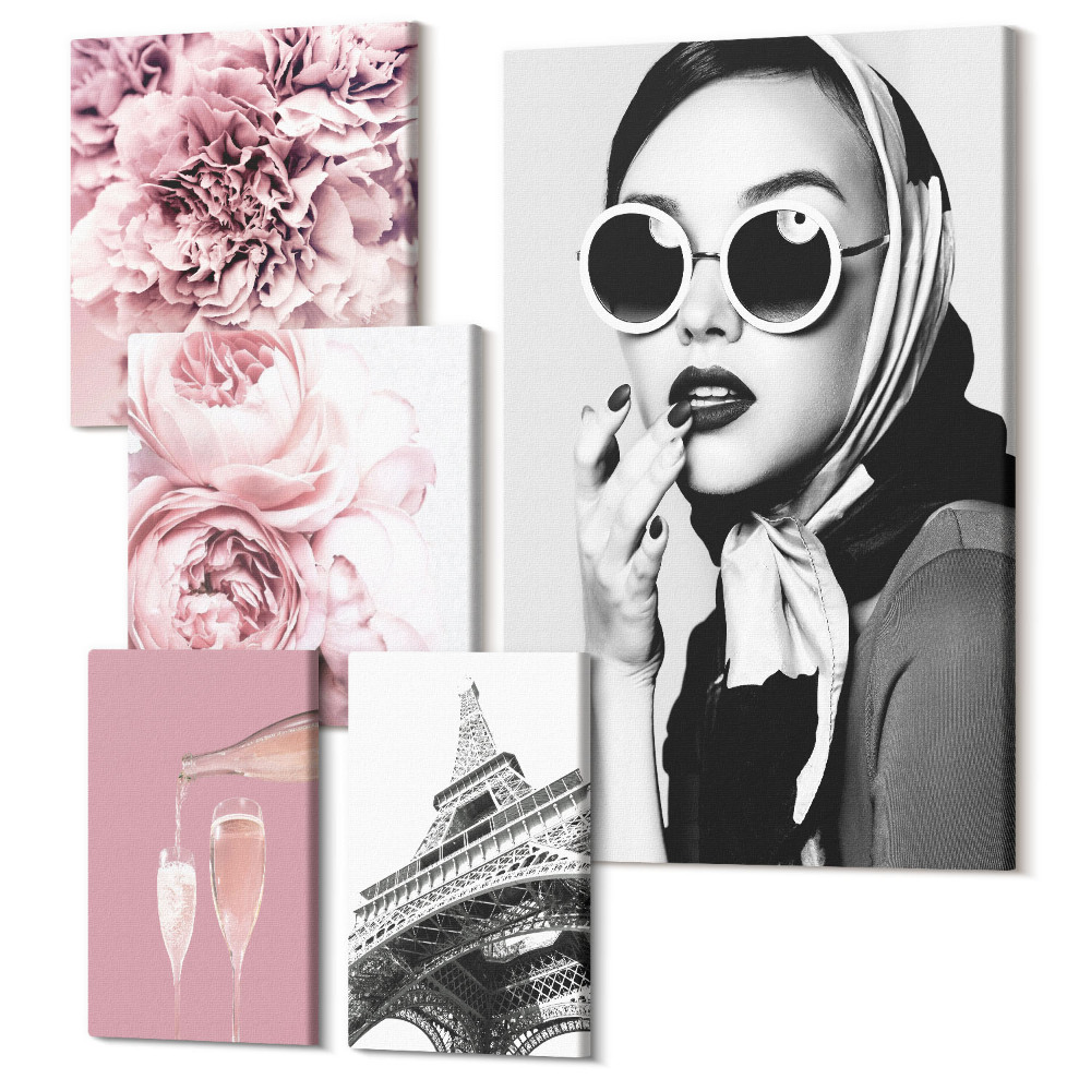 Tablou din 5 piese Portrete elegante și accente florale în tonuri de roz