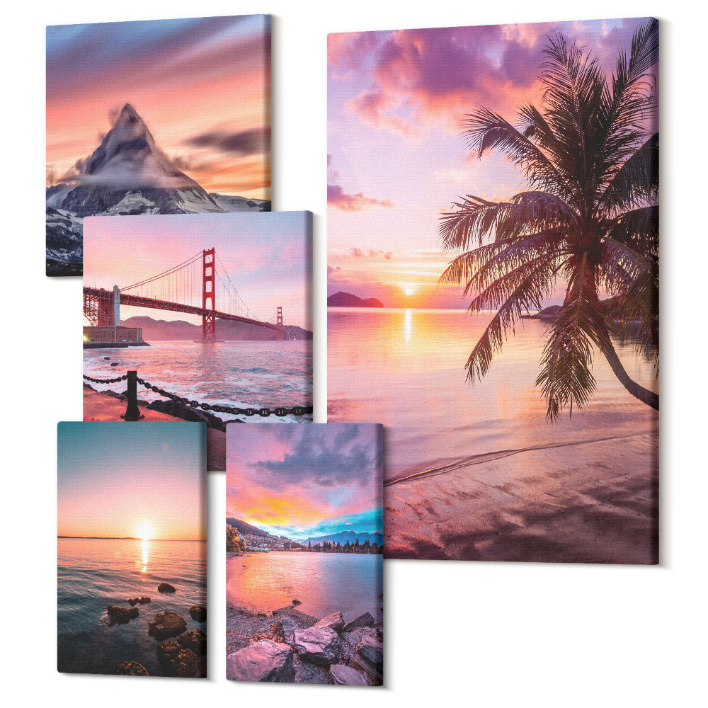 Tablou din 5 piese Peisaje de pe litoral cu palmieri și vedere la munte