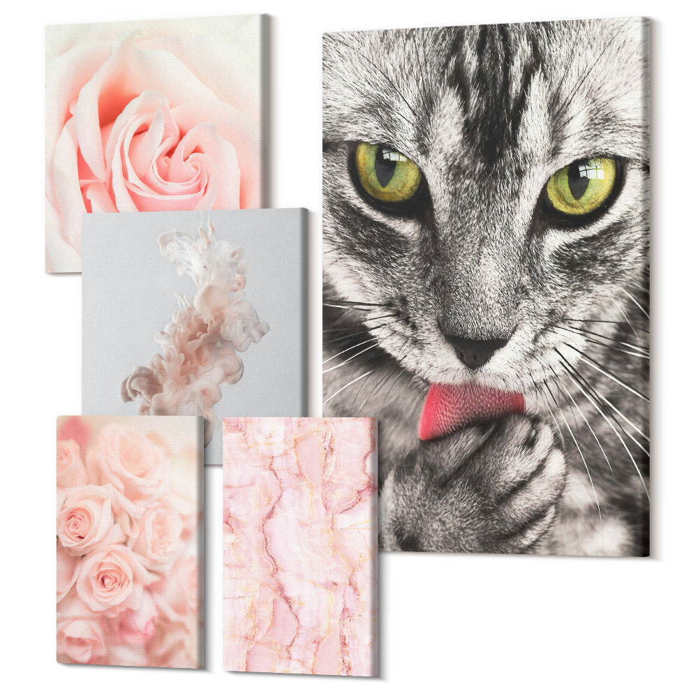 Tablou din 5 piese Pisici și trandafiri în nuanțe delicate de roz