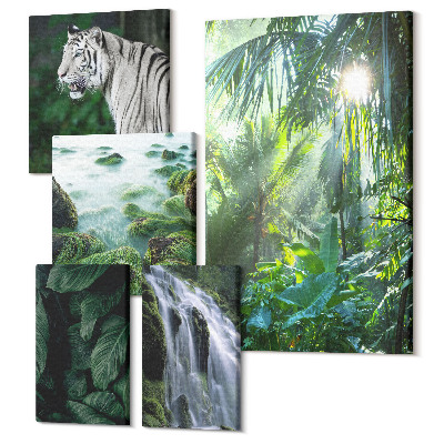 Tablou din 5 piese Natură tropicală cu animale sălbatice și cascade