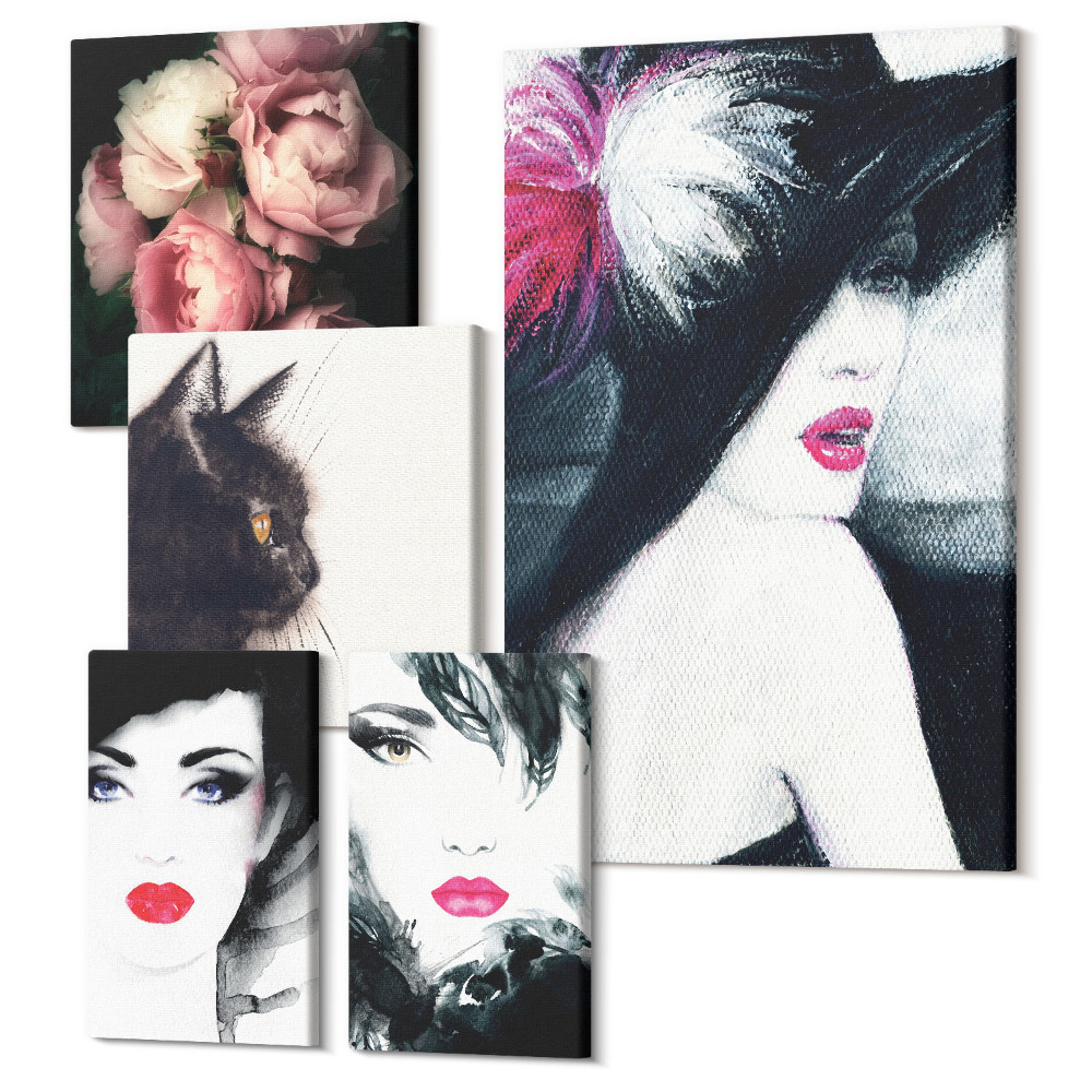 Tablouri canvas set 5 piese Portrete elegante ale femeilor cu trandafiri și o pisică