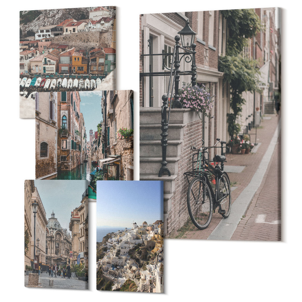 Tablou din 5 piese Străzi fermecătoare ale orașelor europene cu biciclete și canale