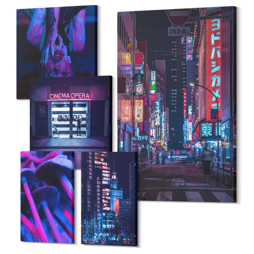 Set tablouri 5 piese Vederi nocturne cu neon ale orașelor cu atmosferă urbană
