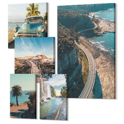 Tablouri canvas set 5 piese Călătorește peisaje cu mașini și natură