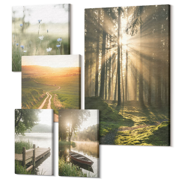 Tablou din 5 piese Peisaje de pădure cu raze de soare și ape calme