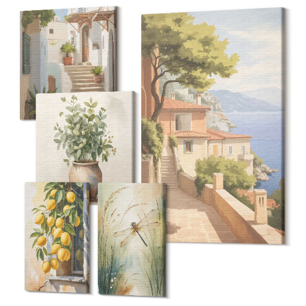 Set tablouri 5 piese Vederi elegante ale orașelor de pe litoral și vegetație
