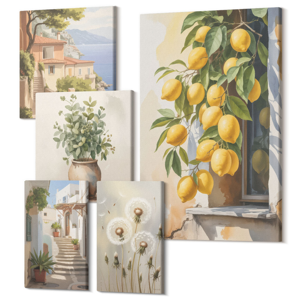 Tablou din 5 piese Accente de citrice în stil mediteranean și motive botanice