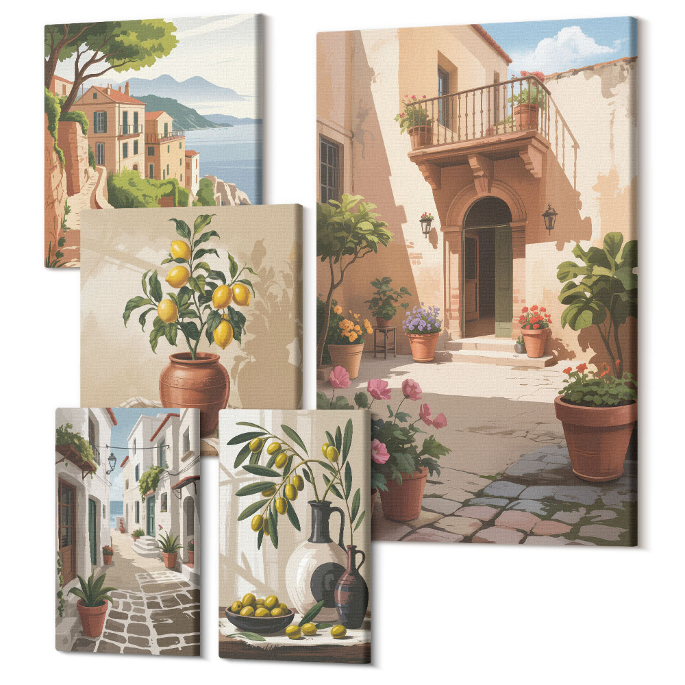 Set tablouri 5 piese Străzi confortabile și accente florale în stil mediteranean