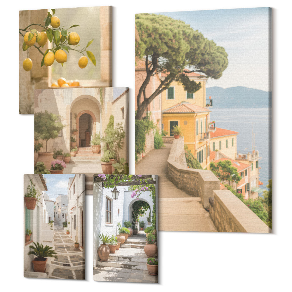 Set tablouri 5 piese Străzi fermecătoare și fructe în stil mediteranean
