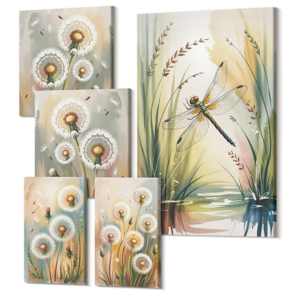 Tablouri canvas set 5 piese Motive florale cu libelule într-un stil delicat, natural