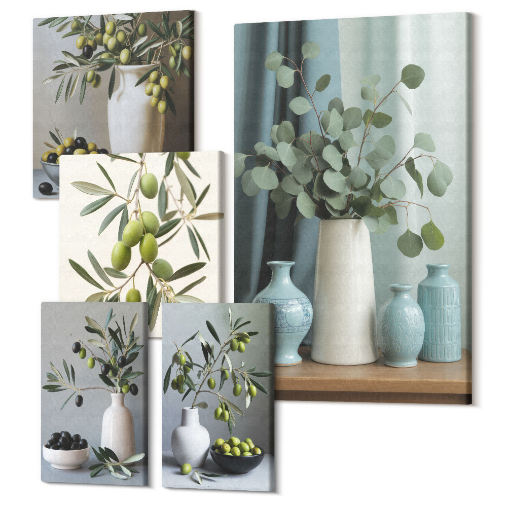 Tablou din 5 piese Măsline verzi în vaze - decorațiuni elegante pentru bucătărie