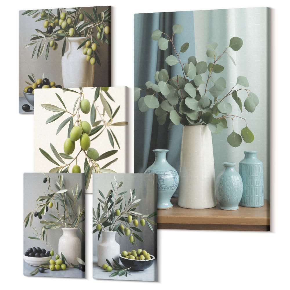 Set tablouri 5 piese Măsline verzi și flori în stil scandinav