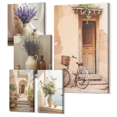 Tablouri canvas set 5 piese Interioare elegante, cu motive florale și o bicicletă