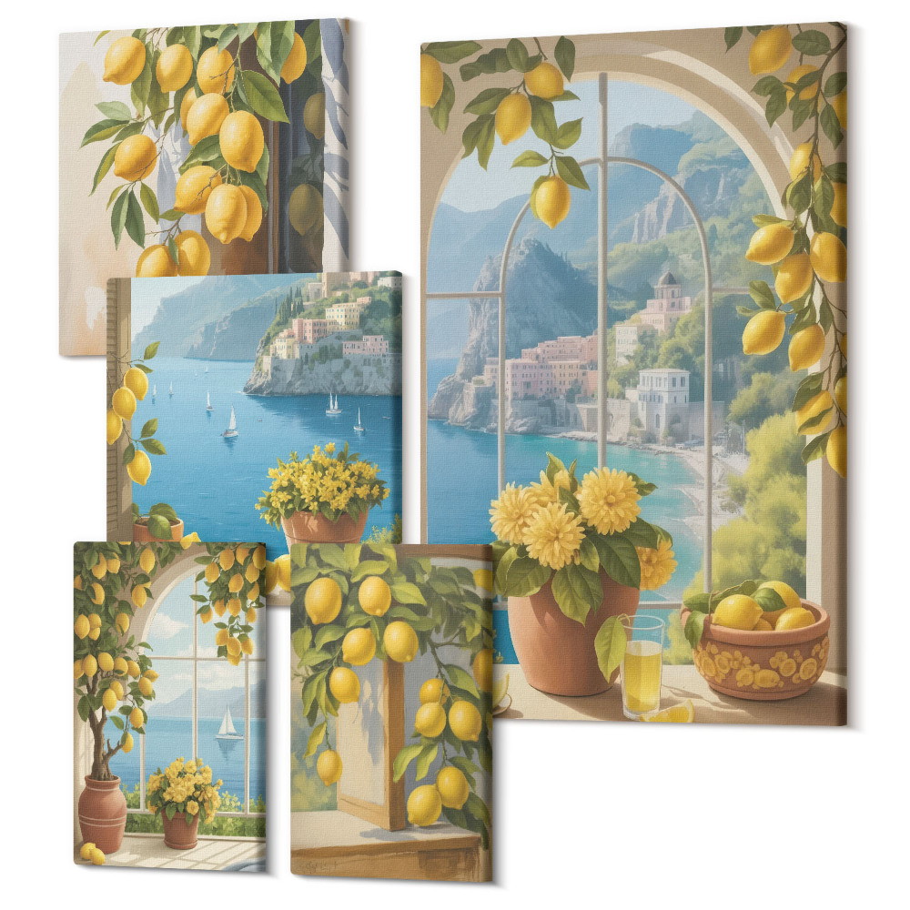 Tablouri canvas set 5 piese Accente de lămâie în stil provensal, cu vedere la mare