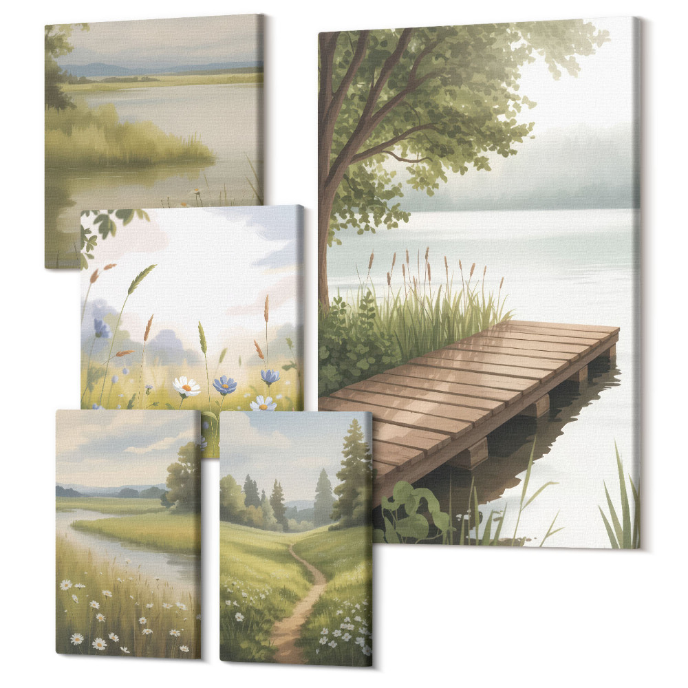 Set tablouri 5 piese Peisaje naturale liniștite, cu un dig de lemn și pajiști